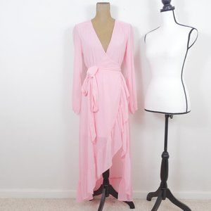 WAYF Bubble Gum Pink Sheer Long Sleeve Deep V Neck Wrap Style Ruffle Hem S Dress